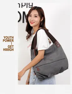 Women canvas shoulder bag casual hobo crossbody bag stylish versatile ladies tote bag grey