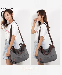 Casual canvas shoulder bag for women large capacity grey crossbody tote everyday handbag