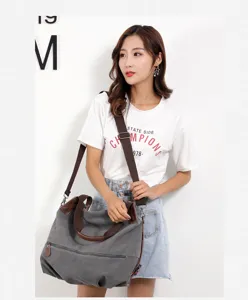 Casual women canvas shoulder bag, stylish grey crossbody handbag with leather and daily use.