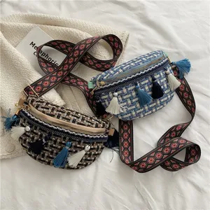 Ethenische gewebte Umhaengetasche mit bunten Quasten und breitem Riemen Brusttasche Damen