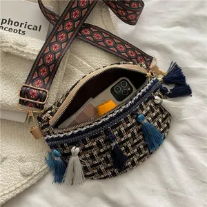 Etnische gewebte Quasten Umhängetasche für Damen, modische Brusttasche mit breitem Gurt.