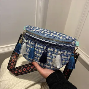 Modische blaue Tweed Bauchtasche fuer Damen, ethnischer Gurt und quasten Umhaengetasche.