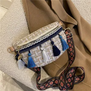 Modische gewebte Umhängetasche aus Tweed mit Quasten und breitem Ethno-Riemen Damen.