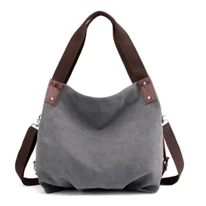 Women casual canvas shoulder bag dark grey tote handbag with brown straps everyday bag