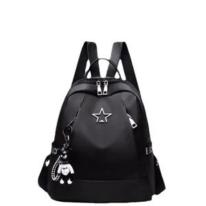Black oxford cloth backpack for women, Korean style casual fashion student school bag with star.