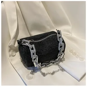 Black rhinestone cylinder shoulder bag with chunky silver chain fashion detail.