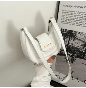Borsa a tracolla bianca a mezzaluna da donna, elegante hobo in pelle PU con tracolla.