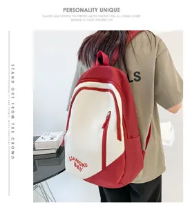Color-blocked nylon backpack with front embroidery, large capacity school bookbag for students