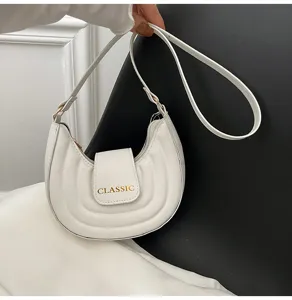 Borsa a spalla bianca a mezzaluna da donna, elegante borsa hobo con design a patta minimalista.