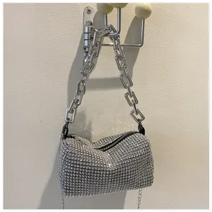Silver rhinestone shoulder bag with thick chain detail, trendy sparkle underarm handbag for women