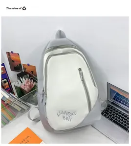 Minimalist color-blocked nylon backpack with embroidery, large capacity student school bag.