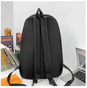 Detailed view of a minimalist black nylon backpack, large capacity and stylish student book bag.