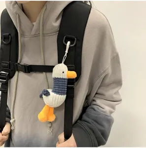 Detailed view of Japanese workwear style casual canvas backpack with plush toy pendant.