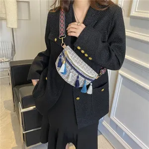 Damen Gewebte Tweed Umhängetasche Ethnisch Stil Quasten Brusttasche Breiter Gurt Schultertasche
