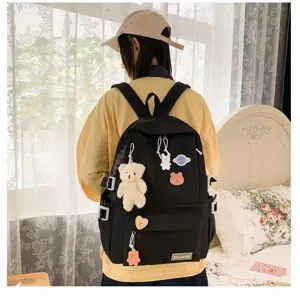 Zaino nero casual in tela per studenti, grande capacità stile Harajuku per la scuola.