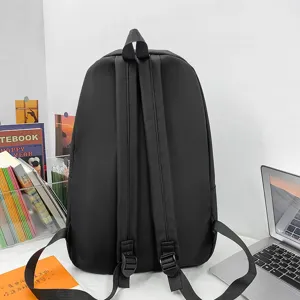 Unisex minimalist large capacity nylon backpack, casual black school bag for students and daily use.