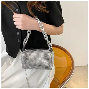 Women crystal underarm bag sparkling rhinestone shoulder handbag with chunky chain style