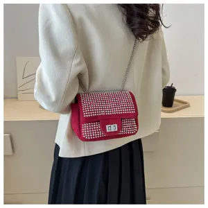 Red suede rhinestone studded shoulder bag, elegant chain crossbody small square bag for daily wear.