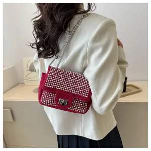 Red velvet rhinestone shoulder bag, stylish studded flap crossbody bag with chain strap.
