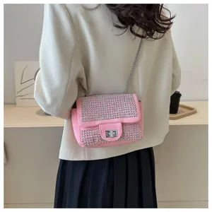 Pink rhinestone shoulder crossbody bag with metal chain, elegant chic fashion daily purse for women.