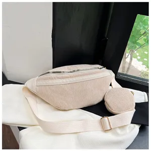 Vista detallada bolso de cintura de pana para mujer bolsa de pecho retro estilo minimalista