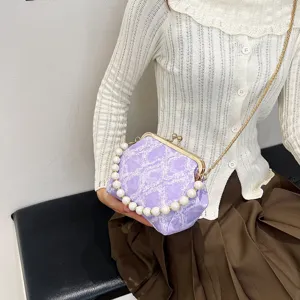 Women purple textured kiss lock shoulder bag with pearl chain trendy stylish crossbody handbag