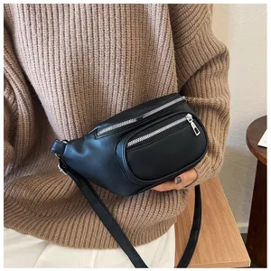 Minimalist black womens shoulder crossbody bag solid color casual waist bag detail view
