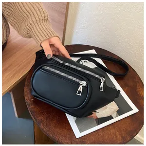 Stylish women casual solid color fanny pack black PU leather crossbody shoulder bag daily use.