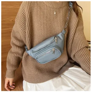 Casual solid color faux leather fanny pack and crossbody chest bag detail wear view