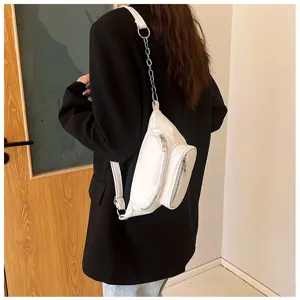 Stylish women solid color waist bag with chain strap and zipper pockets for daily fashion.