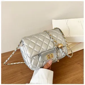Silberne gesteppte Umhängetasche mit goldener Kette, elegante Damentasche für Alltag.