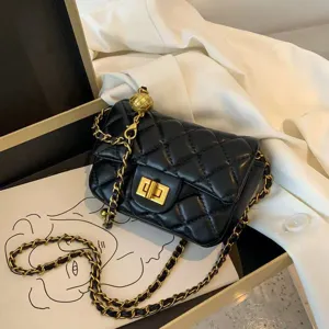 Elegante Geheftete Rautenmuster PU Leder Umhängetasche Für Damen Klassisch Klappendeckel Kleine Eckige Schultertasche Mit Verstellbarem Goldkugel Kettenriemen