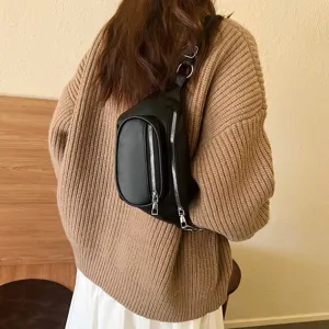 Trendy women casual black fanny pack stylish solid color shoulder crossbody chest bag
