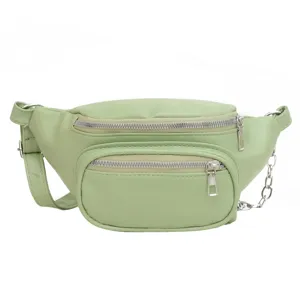 Stylish light green women waist bag solid color casual chest pack with trendy chain detail