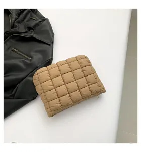 Minimalist lightweight quilted clutch bag, autumn winter versatile puffer cosmetic pouch.