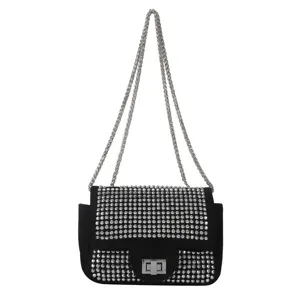 Black rhinestone shoulder bag with silver chain strap, elegant minimalist crossbody bag.