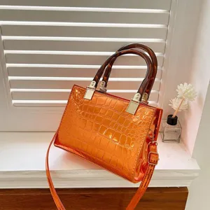 Orange patent crocodile embossed PU top handle crossbody bag for women casual use