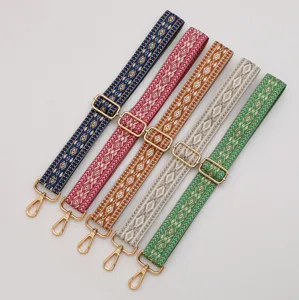 Colorful ethnic woven replacement bag strap with adjustable metal buckles for crossbody bags.