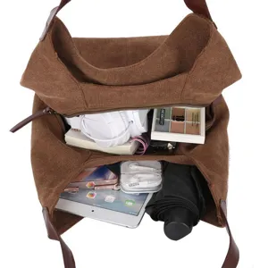 Large capacity brown canvas shoulder bag for women retro hobo handbag casual tote bag