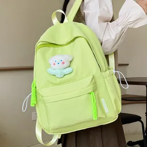 Japanese Style Minimalist Solid Color Nylon Backpack For School Girls Middle High School College Students Cute Bear Charm Daypack