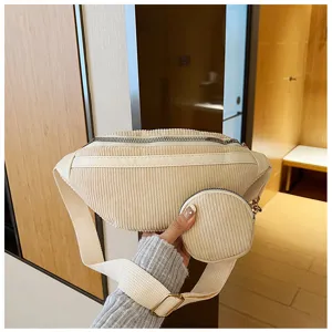 Riñonera de pana beige para mujer bolso de pecho casual con monedero pequeño estilo retro.