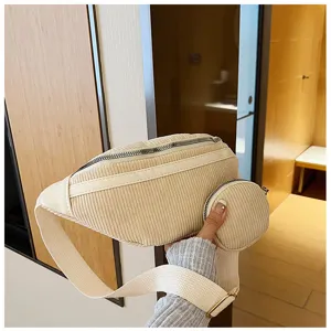 Riñonera de pana bolso de pecho vista detallada, bolsa de cintura beige casual con monedero