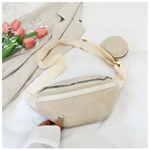 Riñonera de pana en beige para mujer, bolso de pecho informal con correa ajustable y monedero.
