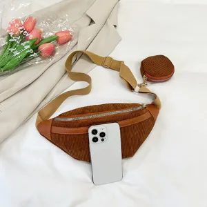 Riñonera retro de pana bolsa de pecho informal con pequeño monedero para mujer uso diario.