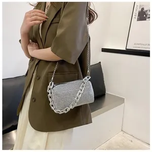 Chic rhinestone underarm bag with chunky chain, sparkling crystal shoulder handbag for women.