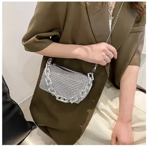 Chunky chain rhinestone underarm shoulder bag for women, sparkling crystal handbag fashion.