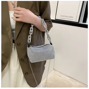 Stunning rhinestone cylinder shoulder bag with chunky silver chain fashion detail style chic.