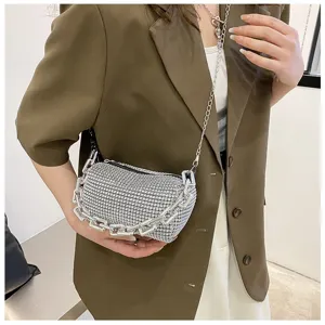 Rhinestone underarm shoulder bag for women, sparkling crystal cylinder handbag with chunky chain