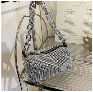 Fashion rhinestone underarm bag for women, sparkling crystal shoulder bag with chunky chain.