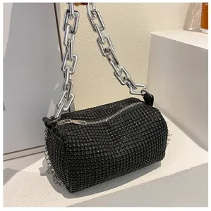 Chic rhinestone crystal underarm shoulder bag with chunky silver chain for women trendy detail.